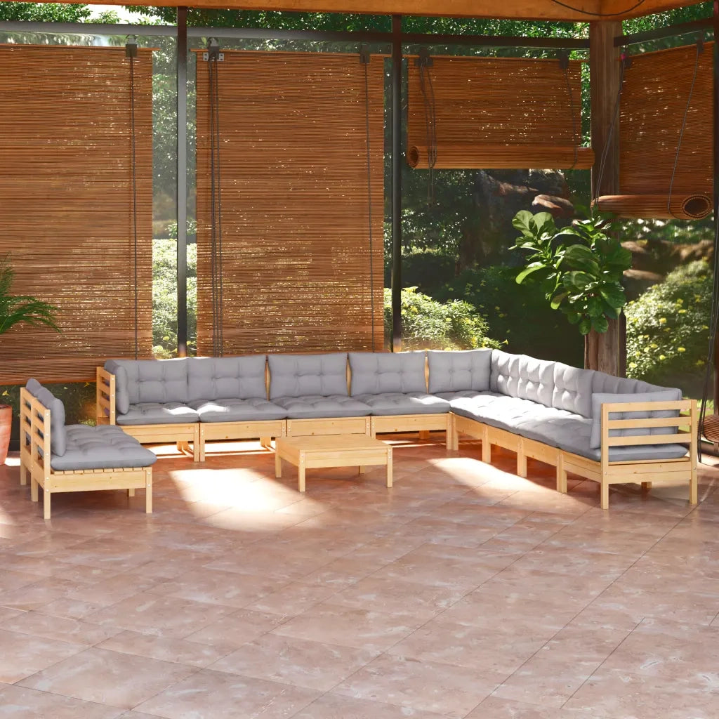 Set Divani da Giardino 12 pz con Cuscini Grigi Massello di Pino 3096856