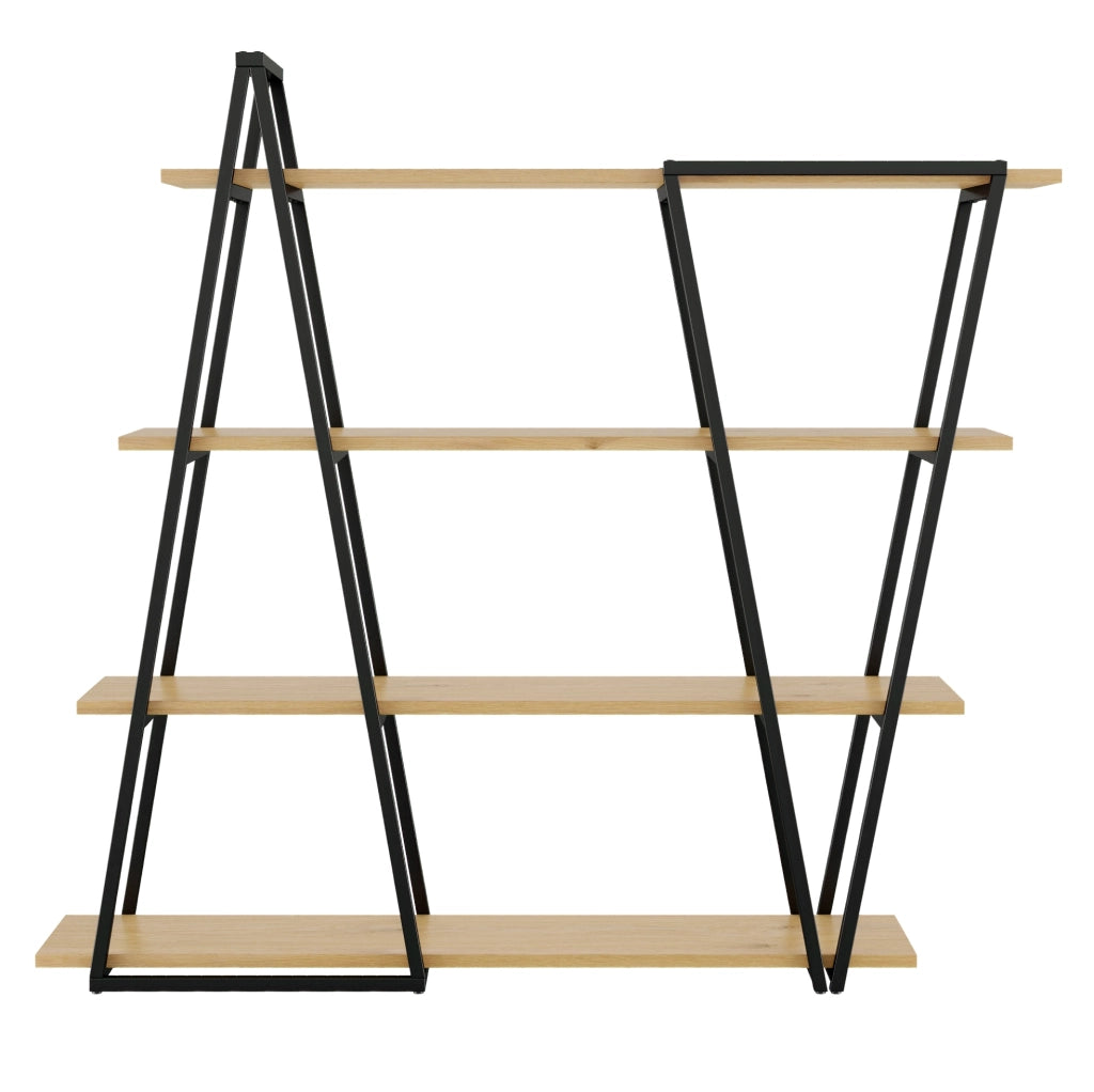 Libreria a giorno geometrica 158x35x166 cm; metallo nero e MDF effetto quercia