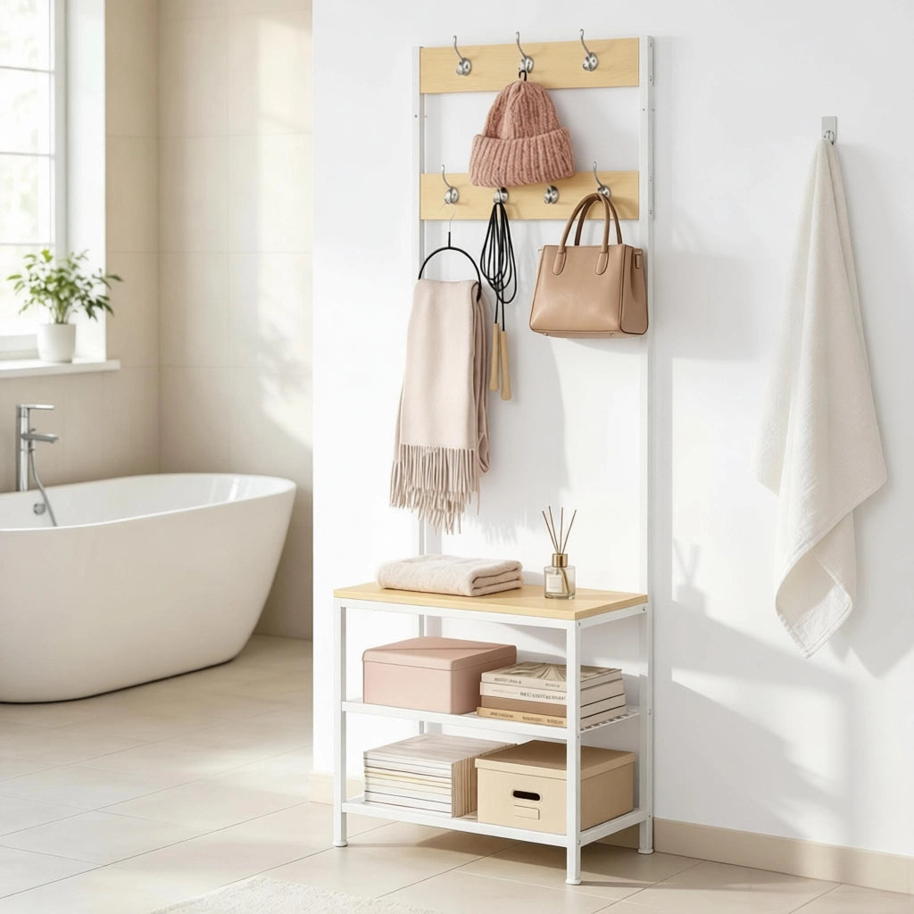 Scaffale per ingresso con 7 doppi ganci 2 ripiani portascarpe e panca in metallo e legno bianco 60 × 31,5 × 170 cm