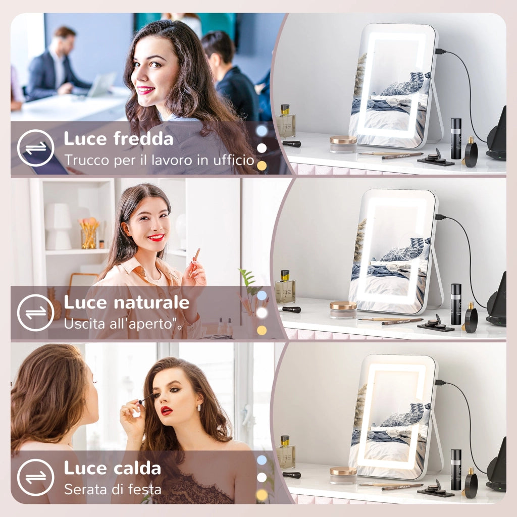 Specchio Trucco Make Up da Tavolo Luci Regolabili 3 Colori USB 31x41,5x3 cm Bianco