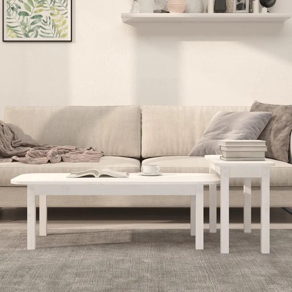Set 2 pz Tavolini da salotto | Tavolino da caff¨¨ | Tavolino da Soggiorno Bianco in Legno Massello di Pino