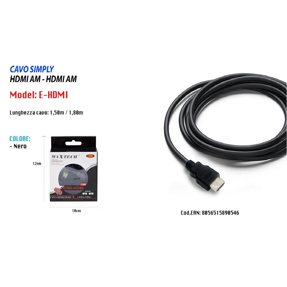 Trade Shop - Cavo Cavetto Cavi Hdmi Video 1.8 Metri 1080p Schermato Hdmi Am-am Maxtech E-hdmi -