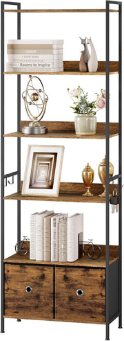 Libreria a 5 Piani con 2 Cassetti, Scaffale di Stoccaggio a Pavimento, Industriale, Struttura in Acciaio, Soggiorno/Ufficio/Studio/Cucina/Camera da Letto, Marrone Rustico+Nero, RGB62vbn