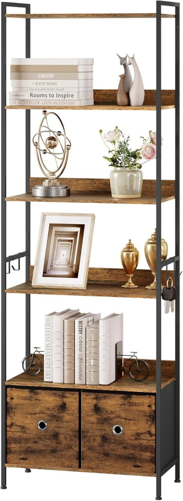 Libreria a 5 Piani con 2 Cassetti, Scaffale di Stoccaggio a Pavimento, Industriale, Struttura in Acciaio, Soggiorno/Ufficio/Studio/Cucina/Camera da Letto, Marrone Rustico+Nero, RGB62vbn