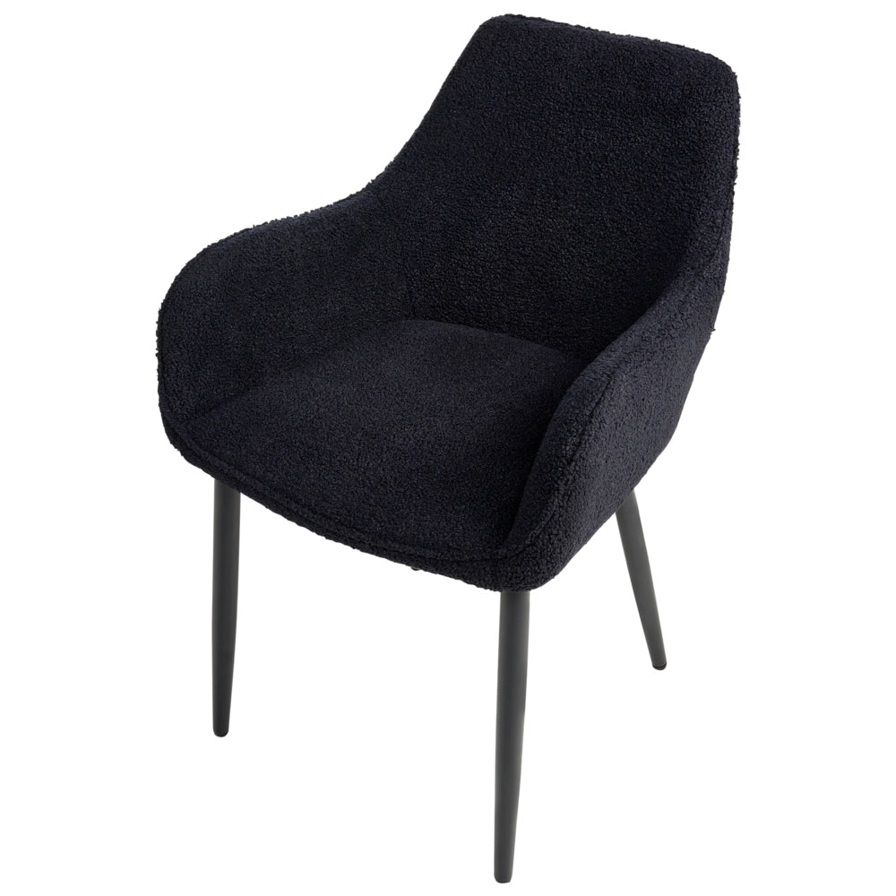 Set di 2 sedie da pranzo in tessuto bouclè nero braccioli schienale intagliato gambe in metallo moderna industriale