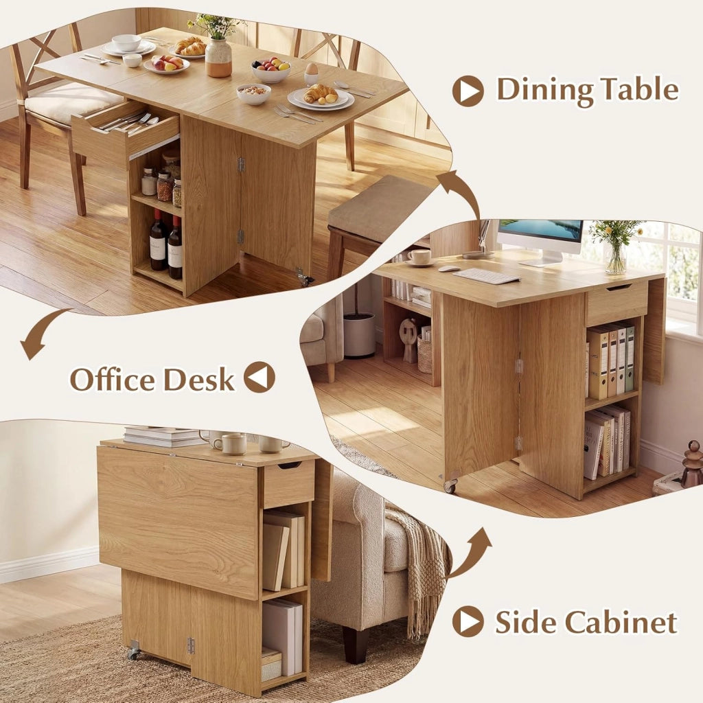 Tavolo da Pranzo Pieghevole, Mobile da Cucina con Ali Pieghevoli, 1 Cassetto e 2 Ripiani Aperti, per 2-4 Persone, Salvaspazio, 120 x 72 x 75 cm, Ideale per Sala e Cucina
