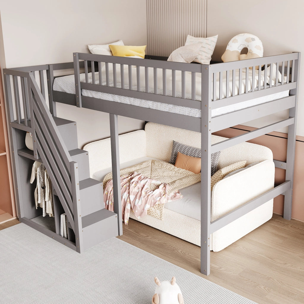 Letto a castello in legno grigio con scala contenitore altezza parapetto 140x200 cm