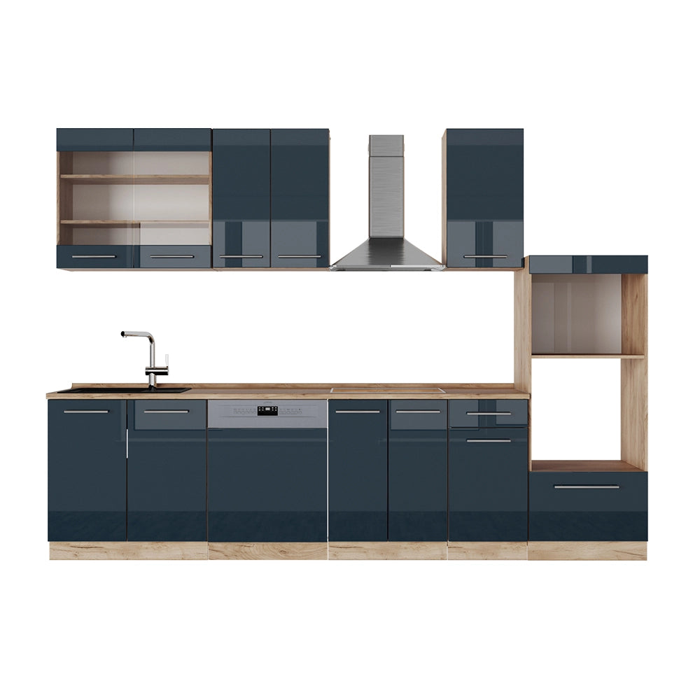 Armadi da cucina Fame-Line Blu scuro lucido/Rovere dorato 300 cm con armadio alto, senza piano di lavoro Vicco