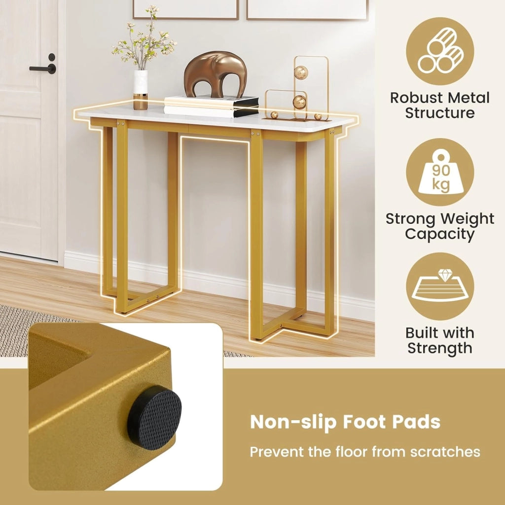 Tavolo consolle da ingresso, 107 x 40 x 79,5 cm, struttura in metallo e piano in finto marmo, tavolino moderno per soggiorno, corridoio, corridoio (orato)
