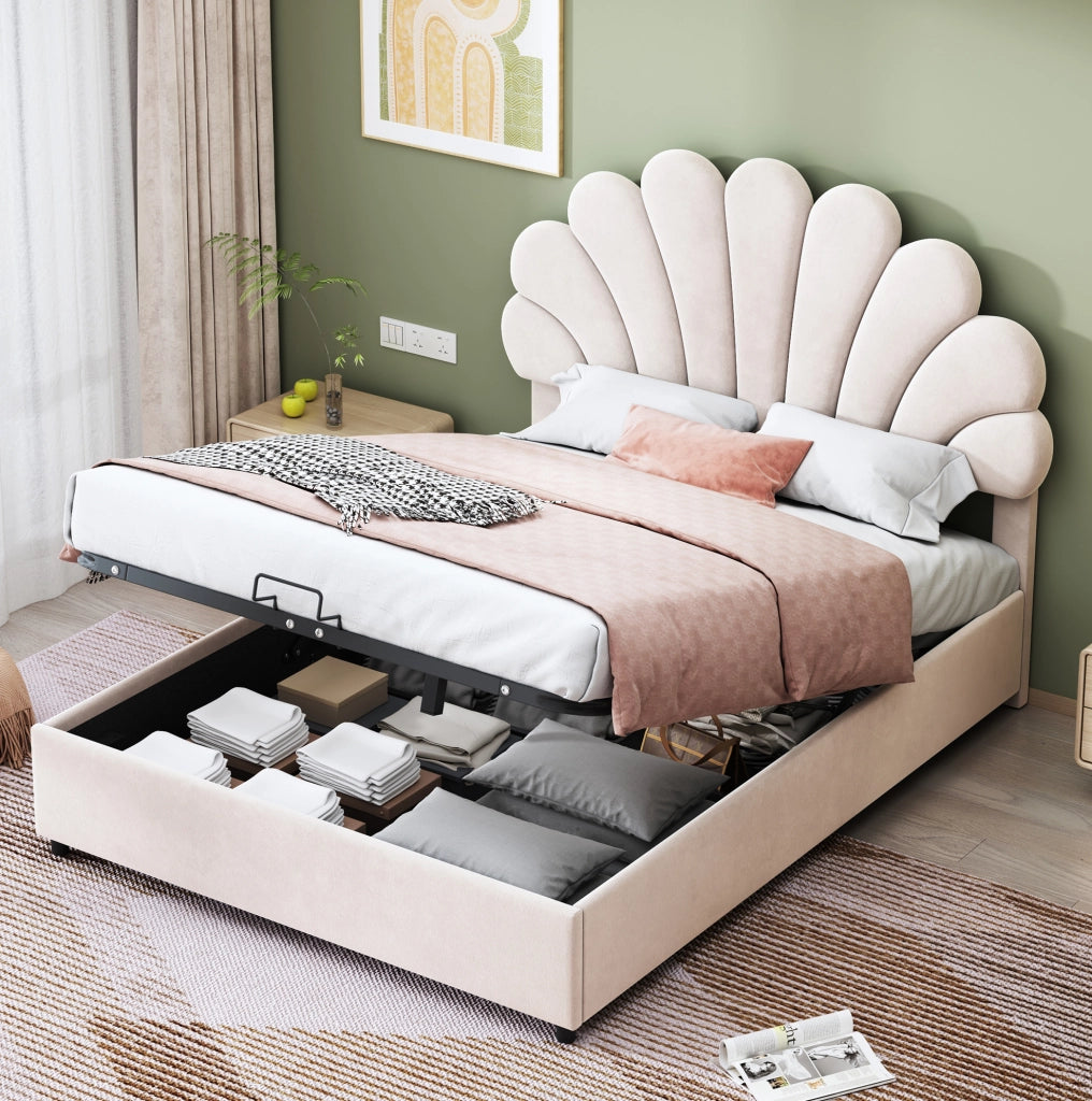 Letto matrimoniale contenitore 140x200 cm in velluto beige