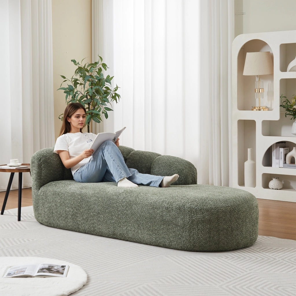 Méridienne curva con schienale ondulato e design senza braccioli per soggiorno e lettura in chenille verde salvia
