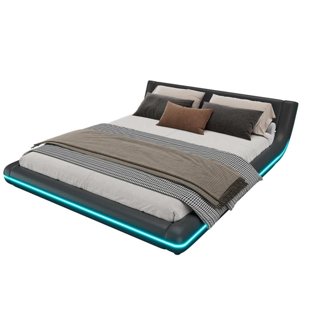Letto a pavimento 160×200 cm in PU nero con LED RGB controllabili via app