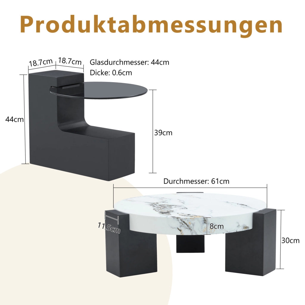 Set 2 tavolini rotondi 61 e 44 cm bianco nero in MDF e vetro; separabili