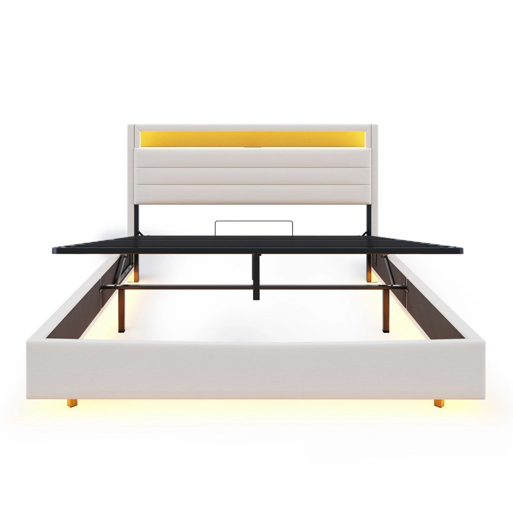 Letto contenitore matrimoniale 140×200 cm con USB; LED e testiera reversibile; senza materasso; tessuto; beige
