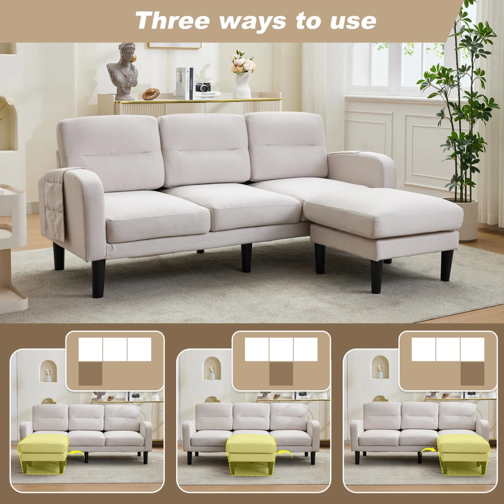 Divano ad angolo 3 posti con chaise longue e tasche laterali, struttura modulare in tessuto beige 204 × 136 × 80 cm