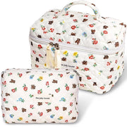 Set di borse cosmetiche per donne, borsa cosmetica con disegno di fiori, borsa per trucco estetica, borse da toeletta imbottite, beauty case, cotone, lino e fiori (grande + medio)
