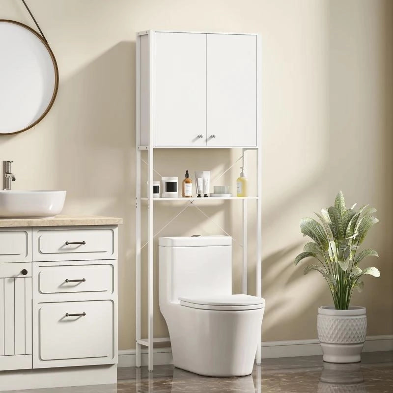 MOBILE BAGNO SOPRA WC E LAVATRICE CON ARMADIETTO E RIPIANO APERTO, 64X20X180 CM, BIANCO