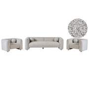 Set da salotto composto da divano a 5 posti e 2 poltrone in tessuto bouclè beige con cuscini aggiuntivi stile glamour retrò soggiorno