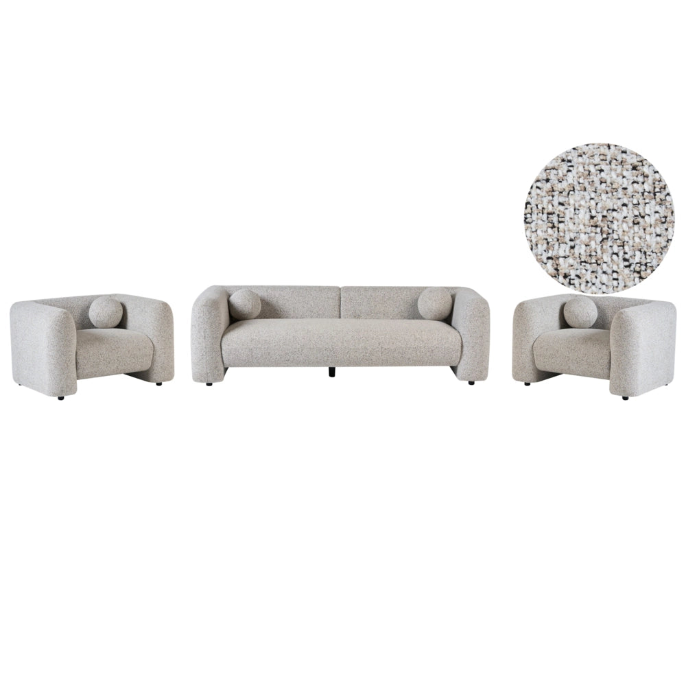 Set da salotto composto da divano a 5 posti e 2 poltrone in tessuto bouclè beige con cuscini aggiuntivi stile glamour retrò soggiorno