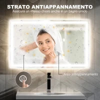 Specchio per Bagno con Luci LED Regolabili a 3 Colori e Strato Antiurto, in Vetro e Metallo, 100x3x60 cm