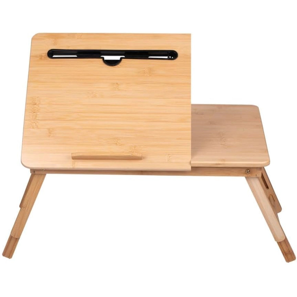 Tavolino Vassoio 50x30x21,5-27,5H cm Piano Inclinabile con Porta Bevande in Bambù
