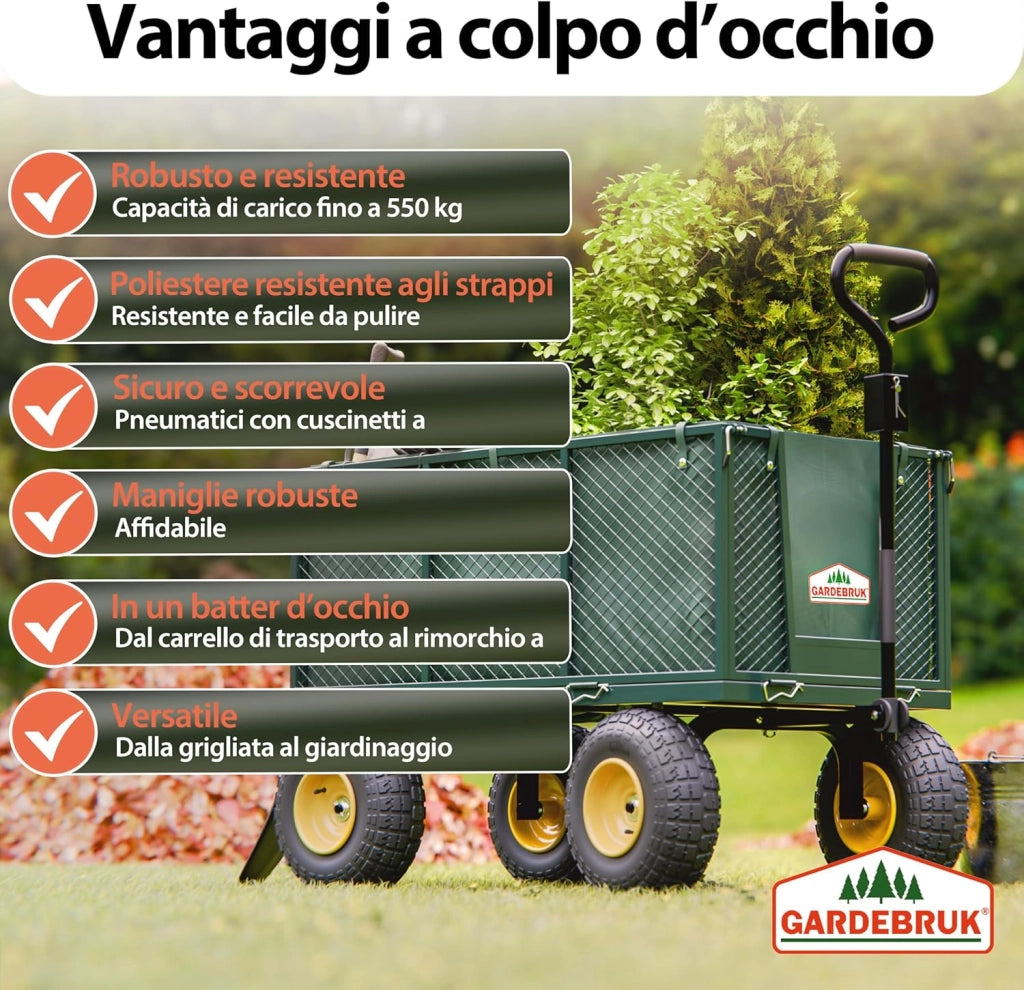 ® Carrello Portatutto con Ruote 550 kg Rimorchio Carretto Grande da Giardino con Borsone in Tela Rimovibile
