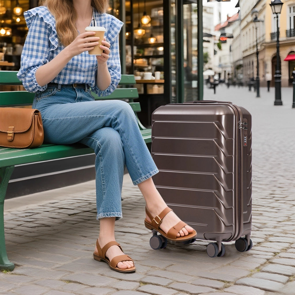 Set di 2 valigie girevoli in ABS da 14"/19" con lucchetto a combinazione e trousse da 14" (marrone)