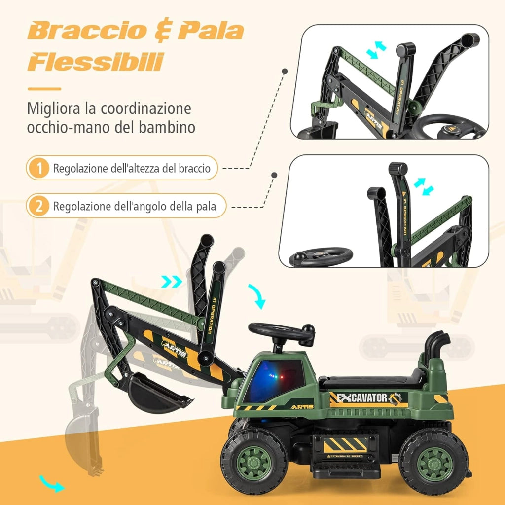 Escavatore Cavalcabile per Bambini, Ruspa Cavalcabile con Sedile Scomparto Portaoggetti, Funzione di Musica e di Educativa, Regalo per Bambini 3 Anni+ (Verde)
