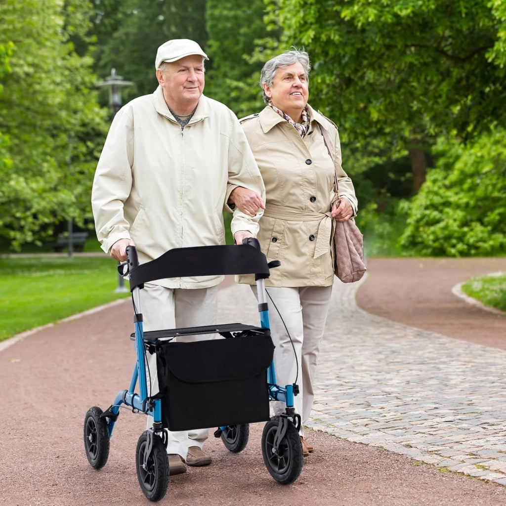Deambulatore con Seduta 2 in 1, Rollator Pieghevole per Anziani con 4 Ruote, Maniglie Regolabili in Altezza 81-94cm, Portaombrelloni e Borsa Portaoggetti, Carico Massimo 160 kg (Blu)