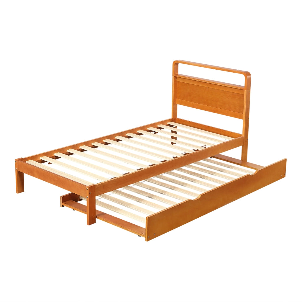Letto 90x200 cm con letto estraibile 90x190 cm; testiera arrotondata in legno colore naturale