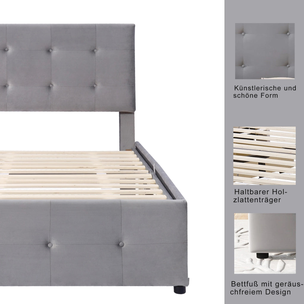 Letto imbottito classico 90x200 cm in velluto grigio con testiera e cassetto contenitore