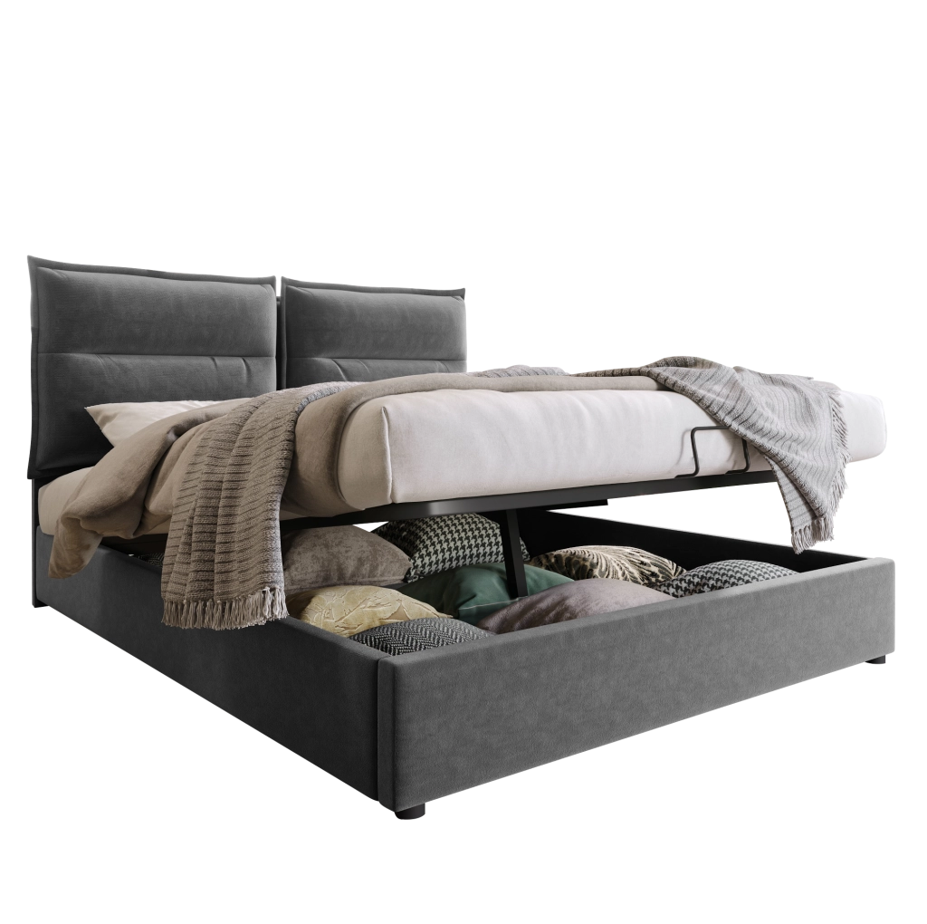 Letto matrimoniale imbottito 140x200 cm con contenitore; testiera regolabile in velluto grigio