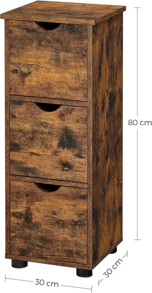 VASAGLE Mobile da bagno, armadio a 3 cassetti, armadio a 3 livelli, 30 x 30 x 80 cm, per bagno, soggiorno, camera da letto, cucina, marrone, rustico, BBK150 x 01