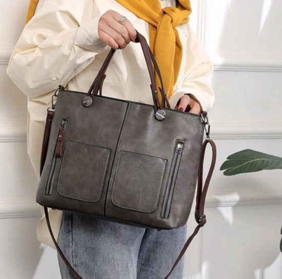 Borsa vintage per donne - borsa a mano con più compartimenti, adatta sia per l'uso quotidiano che per i viaggi, grigia.