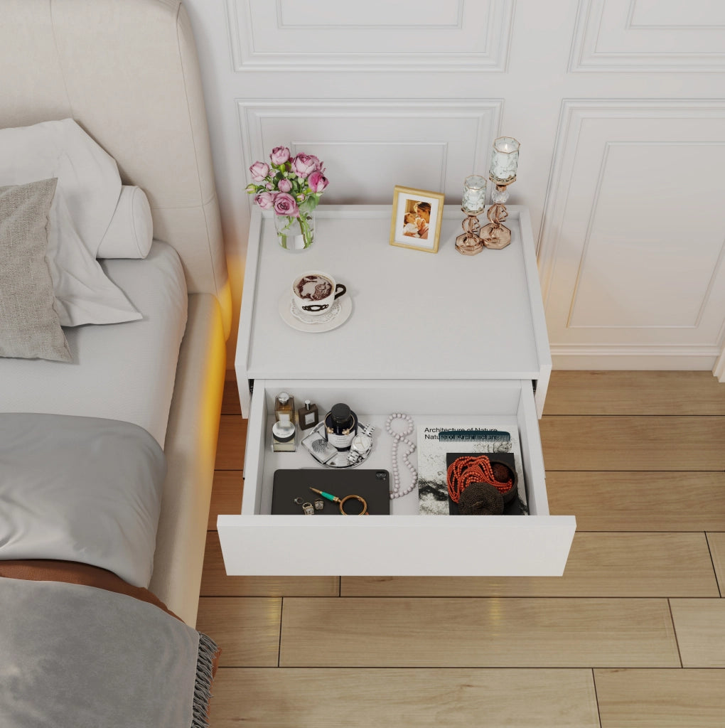 Comodino 50x40x50 cm bianco e naturale con LED, 2 cassetti