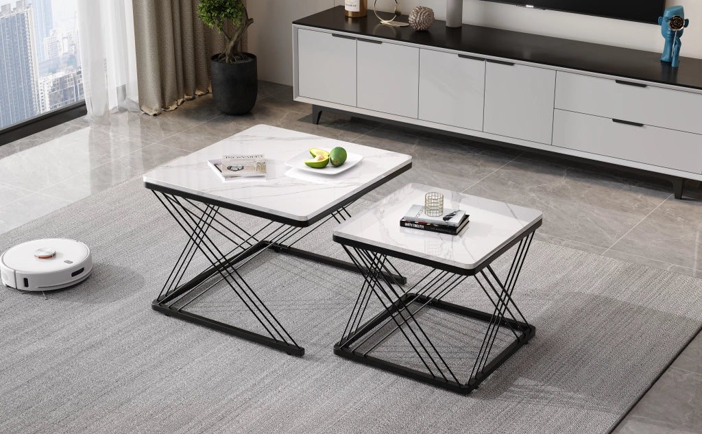 TAVOLINO DA SALOTTO Set da 2 pezzi 60x60x45 cm e 45x45x40 cm MDF Bianco/Nero