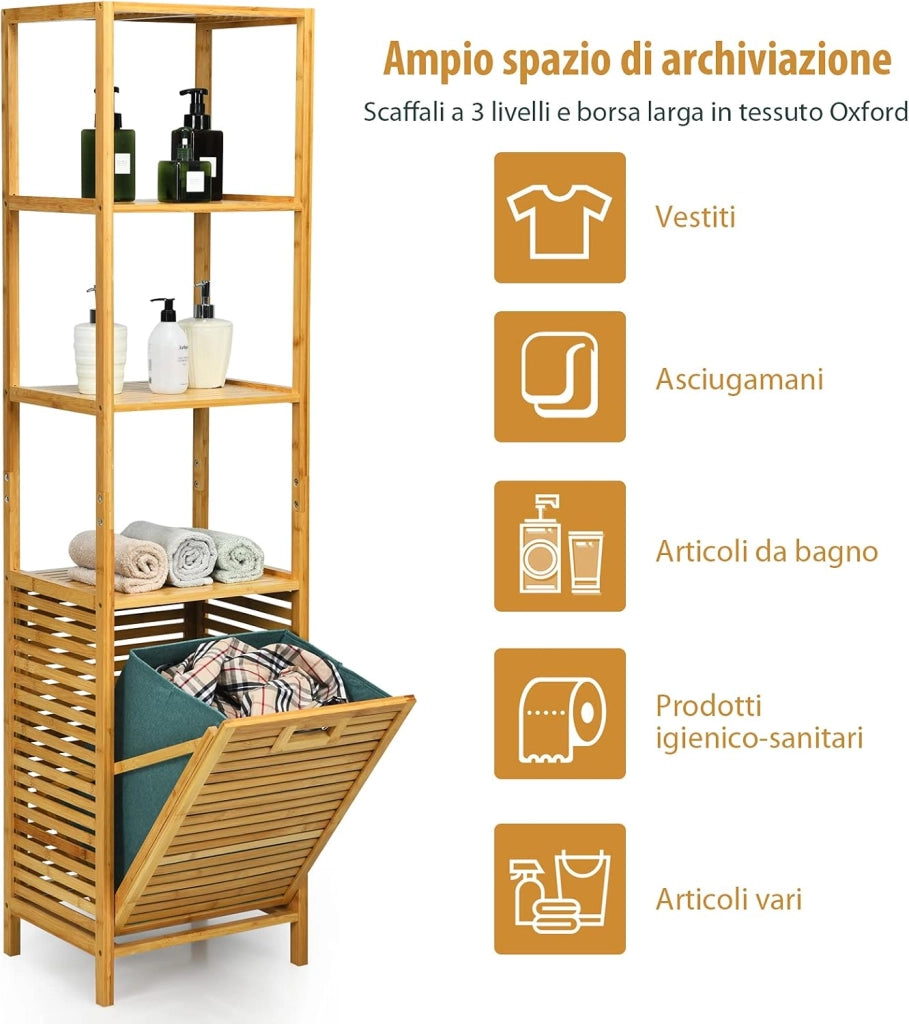 Cesto della Biancheria a Scomparsa per Bagno, Organizer Torre con Cesta di Bambù e 3 Mensole, Scaffale con Cesto per Bagno Camera da Letto