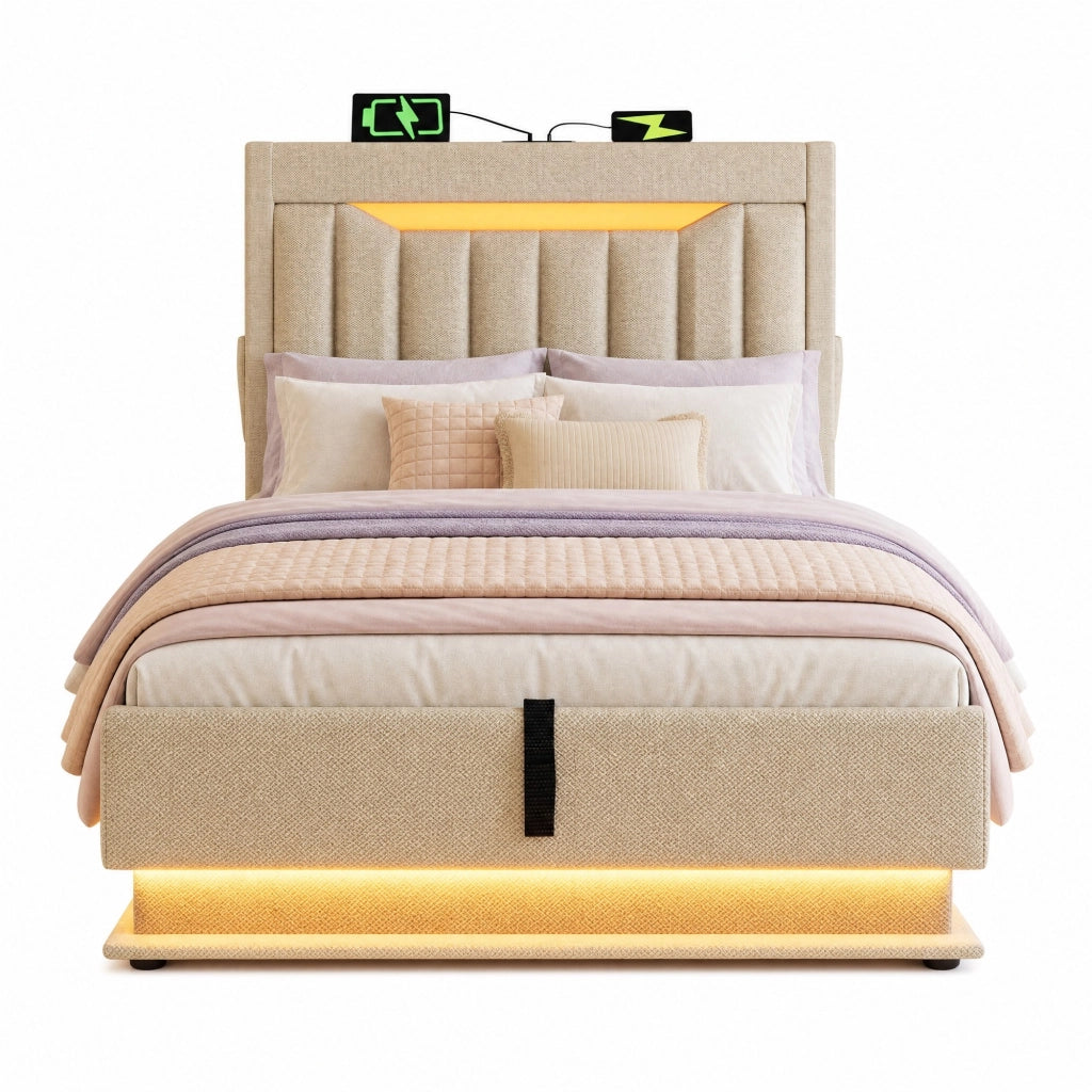 Letto singolo 90x200 cm in lino beige con LED; testiera con ricarica USB e Type-C; contenitore