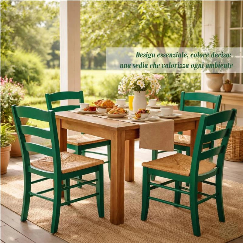SET 2 SEDIE PAESANA IN LEGNO CON SEDUTA IN PAGLIA E SCHIENALE ALTO 42X40X87H CM COLORE VERDE