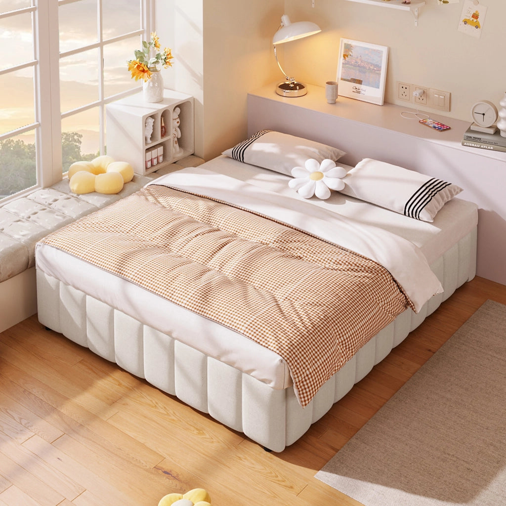 Letti contenitori 140x200 cm; contenitore idraulico senza testiera; lino e MDF beige (Senza materasso)