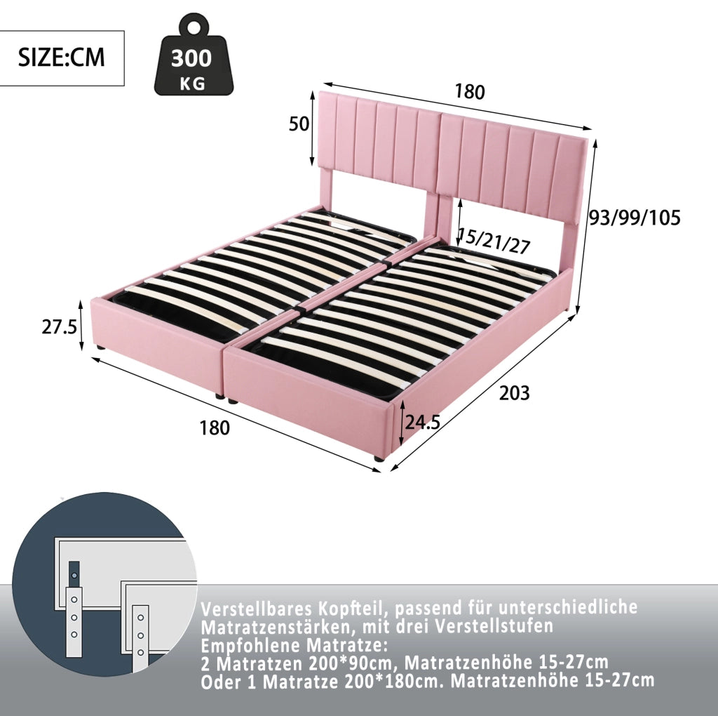 Letto imbottito 180x200 con contenitore idraulico e funzione 2 in 1