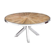 Tavolo da pranzo RAFTA – Legno di teak e vetro temperato – Piede cromato – 120 cm – Rotondo – Stile contemporaneo