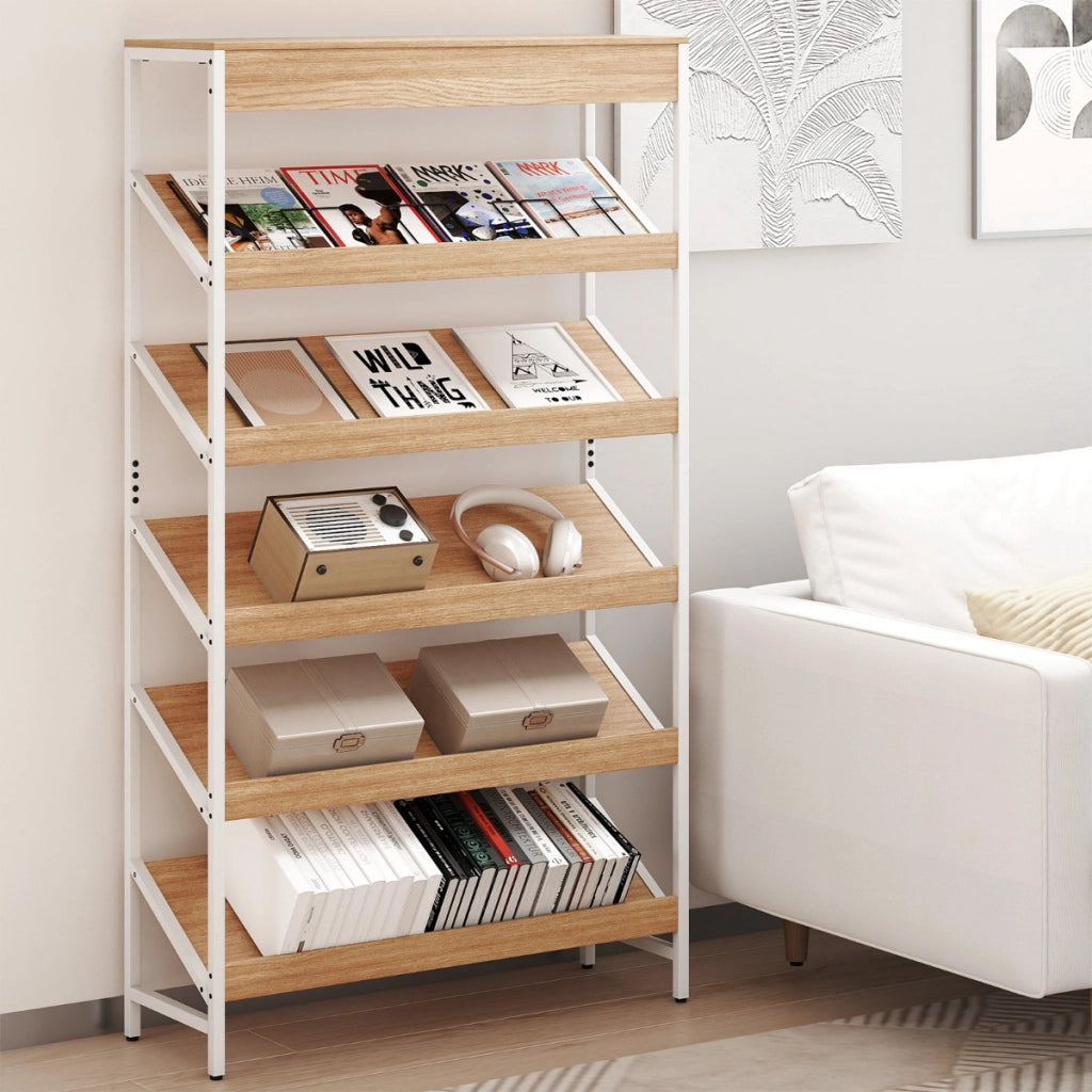 Libreria a 6 ripiani scaffale inclinato con struttura metallica robusta, Libreria porta giornali industriale Legno naturale-Librerie