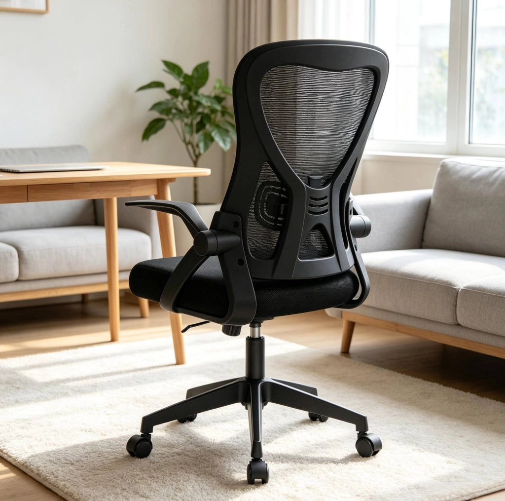 Sedia da ufficio ergonomica nera con schienale in rete, braccioli pieghevoli e altezza regolabile