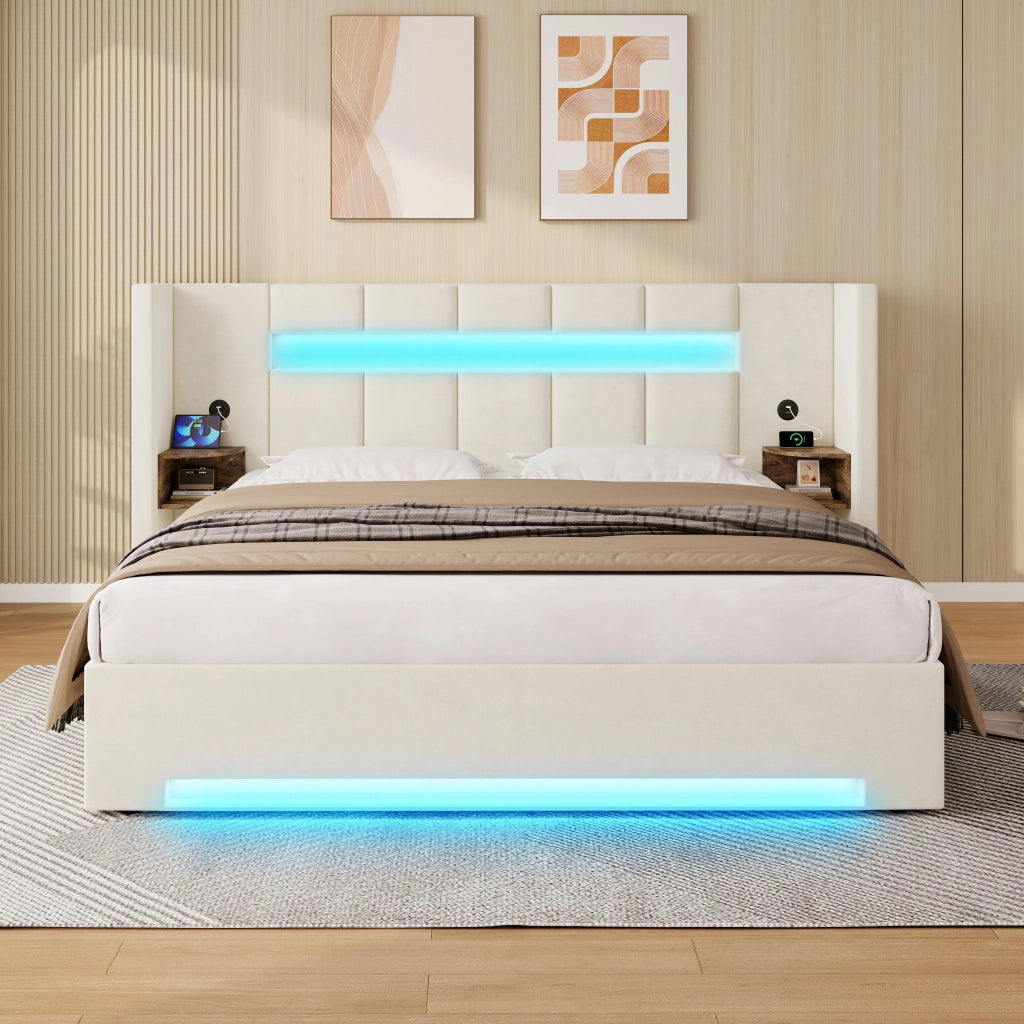 LETTO Contenitore 160x200 cm in velluto beige con USB, LED e idraulico