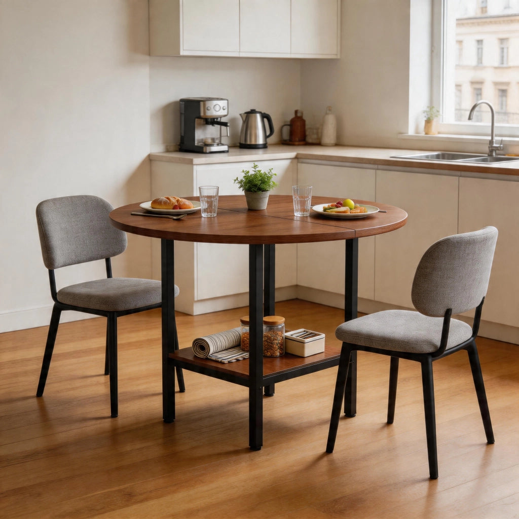 Tavolo da pranzo rotondo con ripiano contenitore in MDF e metallo per cucina e sala da pranzo 100 × 100 × 77 cm