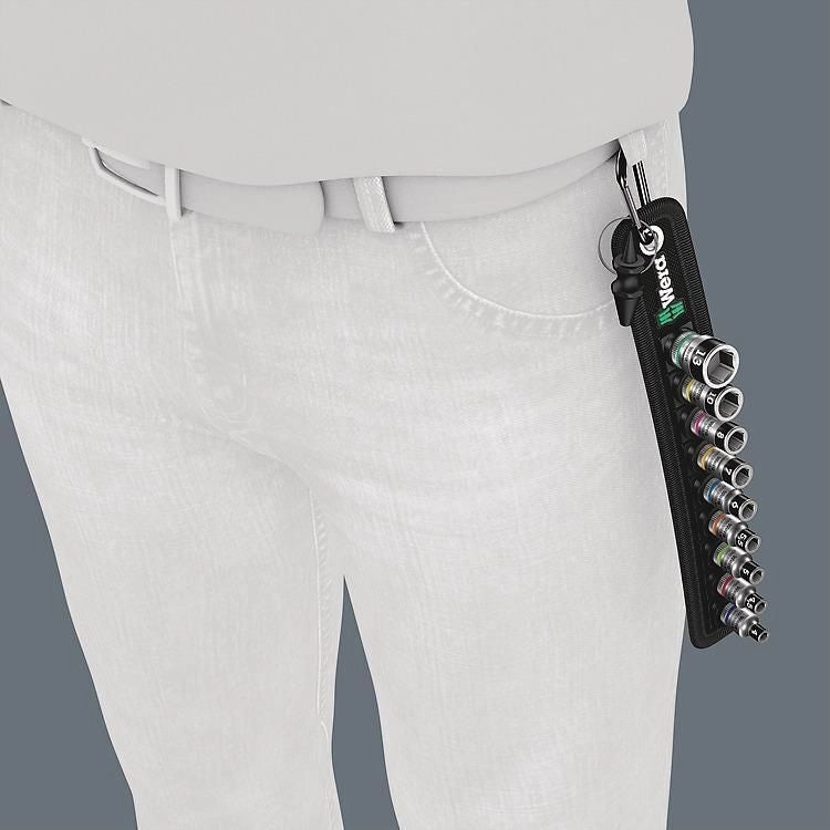 Wera 05003880001 Zyklop Set di Bussole 1-4'' con Funzione di Ritegno 9 Pezzi con Moschettone e Nastro Autoadesivo colore Nero