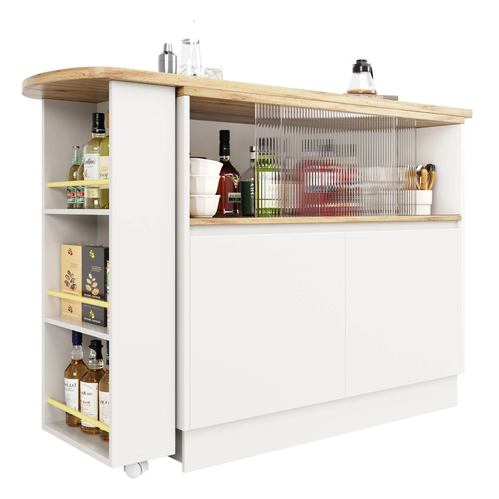 Carrello da cucina girevole con ripiani e anta scorrevole in vetro; mobile bar multifunzione in MDF bianco