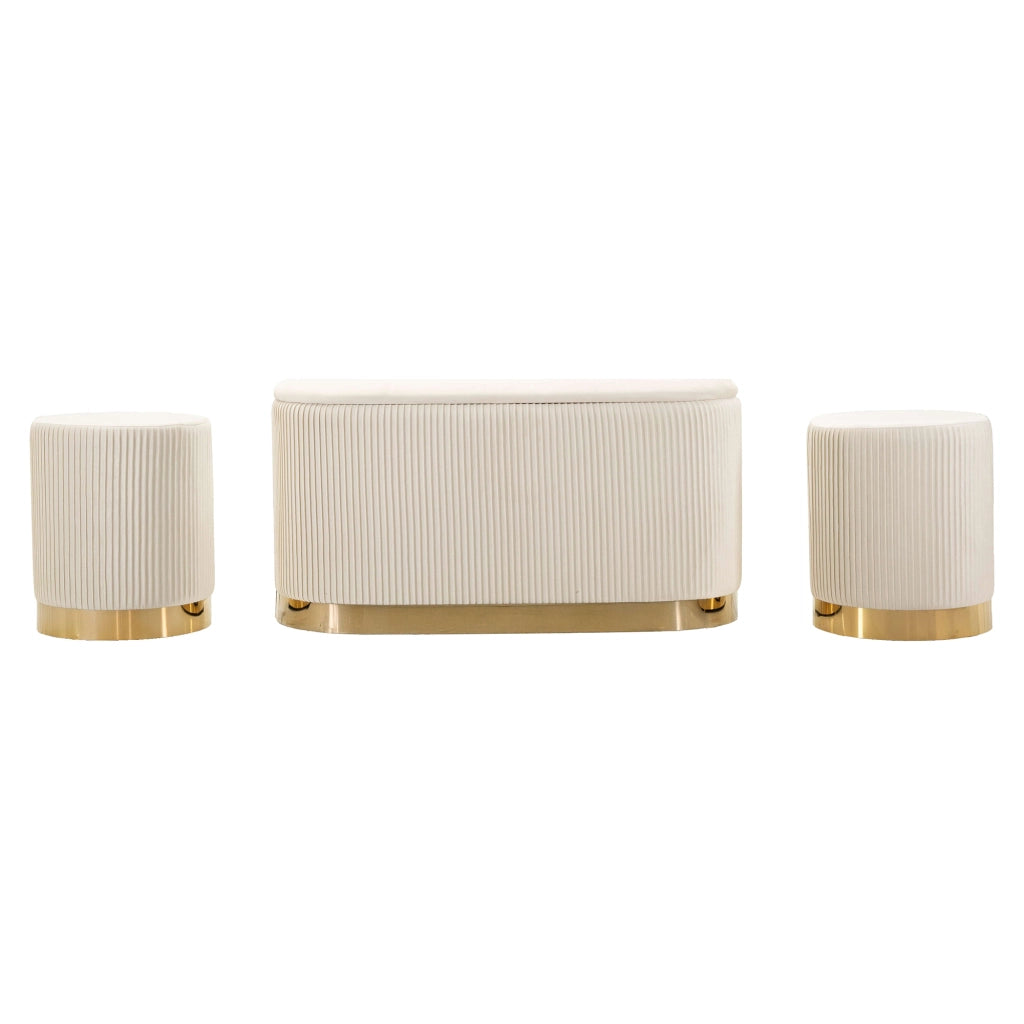 Soroti, Panca con due Sgabelli, Panca Contenitore, 80x37x42h cm Bianco Crema