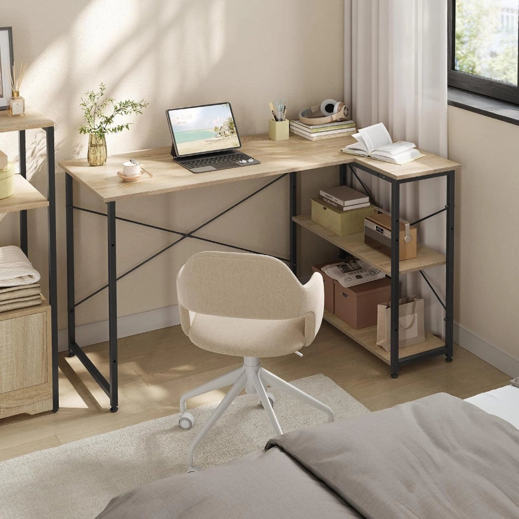 Scrivania Ufficio a L Compatta con Libreria Integrata - Design Salvaspazio per Studio/Camera, 120x73x72 cm, Rovere Naturale e Nero